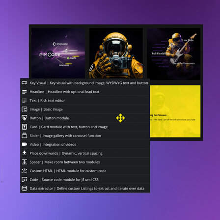 Screenshot of a menu listing all the available area bricks of Visual Page Builder