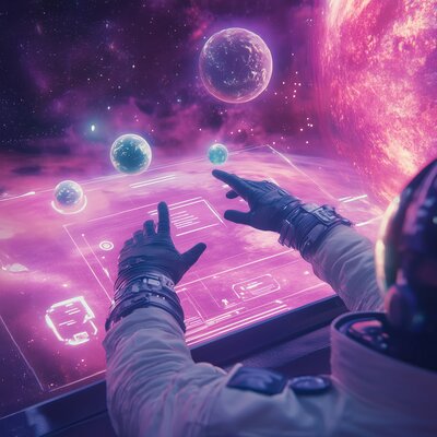 An astronaut in space interacting with a holographic user interface